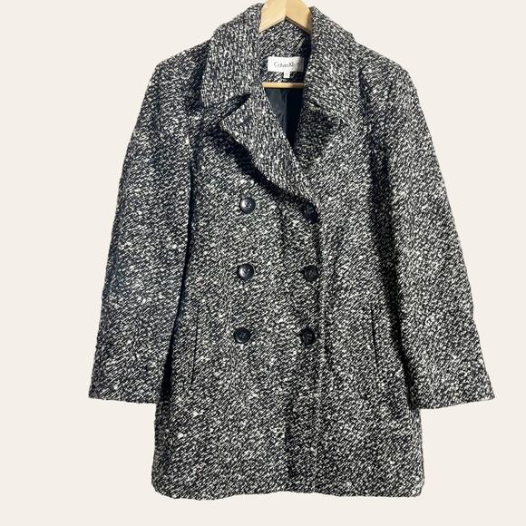 Calvin Klein Black White Boucle Tweed Knit Double Breasted Wool Blend Coat Sz 10 - Picture 1 of 8